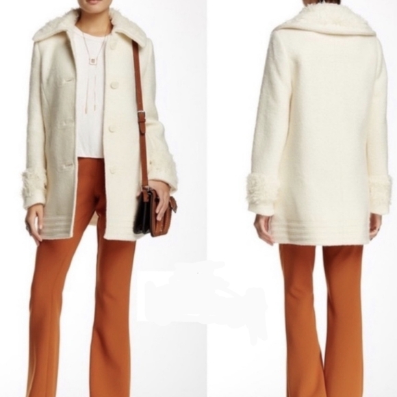 Free People Coat Jacket Wool Blend Sherpa Trim Button Front Lined Ivory L NWT - Picture 2 of 16
